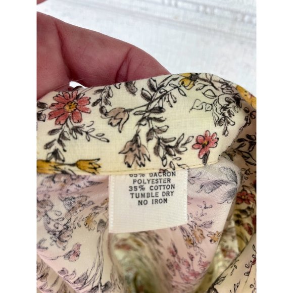 Vintage 1960s Womens Beige Floral Button Blouse Cotton blend Size Large - Picture 4 of 16